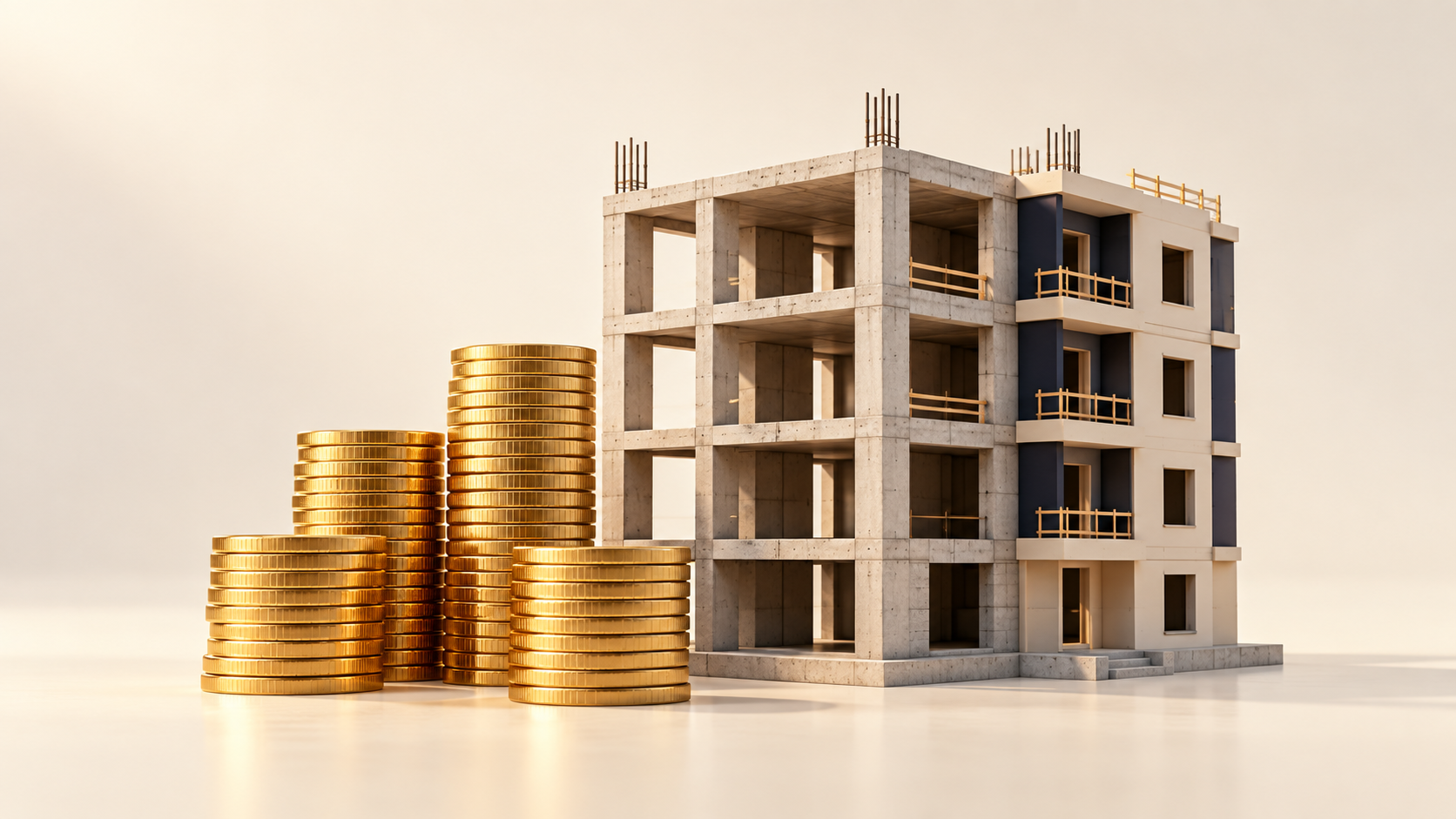 Moedas ao lado de um prédio em construção, representando a captação de recursos para a obra